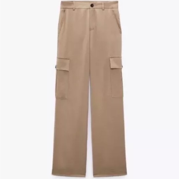 NWT Zara LARGE Satin Effect High Waisted Cargo Pants Sand Light Brown - Picture 10 of 15